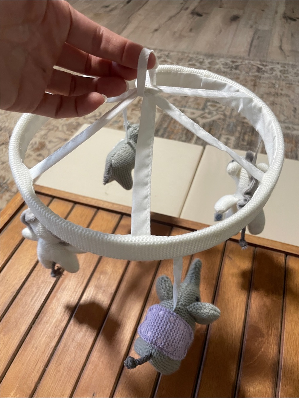 Pottery Barn Kids White and Gray Knitted Hanging Mobile with Lavender Accent